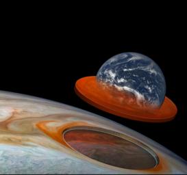 This illustration combines an image of Jupiter from the JunoCam instrument aboard NASA's Juno spacecraft with a composite image of Earth to depict the size and depth of Jupiter's Great Red Spot.