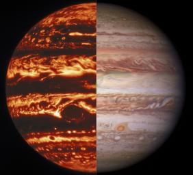 Jupiter's banded appearance is created by the cloud-forming weather layer. This composite image shows views of Jupiter in infrared and visible light taken by the Gemini North telescope and NASA's Hubble Space Telescope.