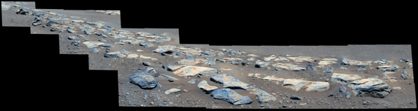 This mosaic image (composed of multiple individual images taken by NASA's Perseverance rover) shows a rock outcrop in the area nicknamed Citadelle on the floor of Mars' Jezero Crater.