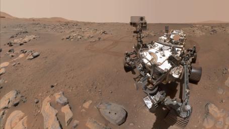 NASA's Perseverance Mars rover took this selfie over a rock nicknamed Rochette, on September 10, 2021. Two holes can be seen where the rover used its robotic arm to drill rock core samples.
