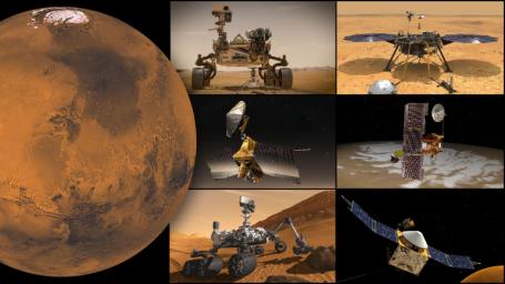 NASA's Mars missions, clockwise from top left: Perseverance rover and Ingenuity Mars Helicopter, InSight lander, Odyssey orbiter, MAVEN orbiter, Curiosity rover, and Mars Reconnaissance Orbiter.