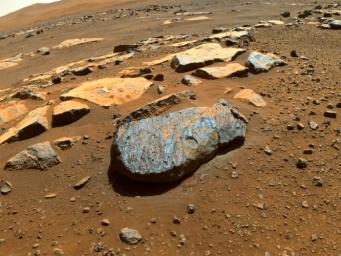 NASA's Perseverance rover took this image of the Martian rock nicknamed Rochette on Aug. 27, 2021, shortly after it abraded a circular patch known as Bellegarde.