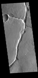 This image from NASA's Mars Odyssey shows part of Hyblaeus Fossae. Hyblaeus Fossae is located southwest of Elysium Mons.