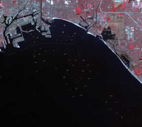 On October 10, 2021, NASA's ASTER instrument captured an image of over 70 ships waiting to dock and unload at the ports of Los Angeles and Long Beach, due to a supply-chain crunch.