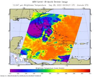 The AIRS instrument aboard NASA's Aqua satellite captured imagery of Hurricane Ian over the Gulf of Mexico between Cuba and Florida just before 2 a.m. local time September 28, 2022.
