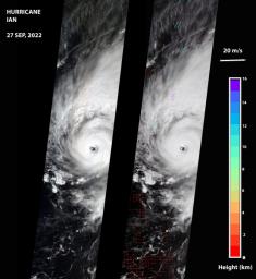 NASA's MISR instrument captured an optical image of Hurricane Ian, as well as measurements of the storm's wind speed, at noon local time Sept. 27, 2022.