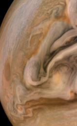 This image captures Jupiter's North Temperate Belt. It was taken October 16, 2021, as NASA's Juno spacecraft performed its 37th close flyby of Jupiter.