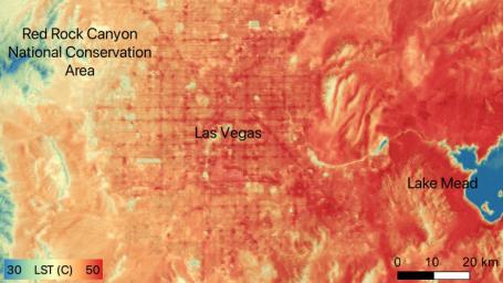 NASA's ECOSTRESS instrument recorded ground temperatures around Las Vegas at 5:23 p.m. on June 10. In the city, the hottest surfaces were the dark-colored streets at more than 122 degrees Fahrenheit (50 degrees Celsius).