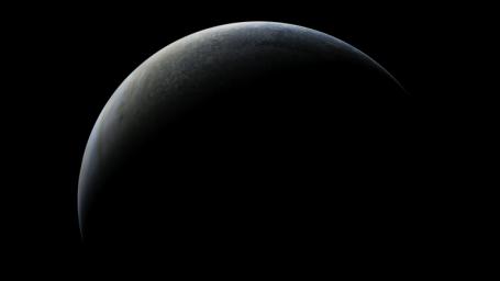 This image, taken by the JunoCam instrument aboard NASA's Juno spacecraft, shows this view of Jupiter in a crescent phase.