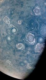 As NASA's Juno mission completed its 43rd close flyby of Jupiter on July 5, 2022, its JunoCam instrument captured this striking view of vortices near the planet's north pole.