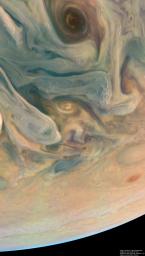 NASA's Juno spacecraft observed the complex colors and structure of Jupiter's clouds as it completed its 43rd close flyby of the giant planet on July 5, 2022.