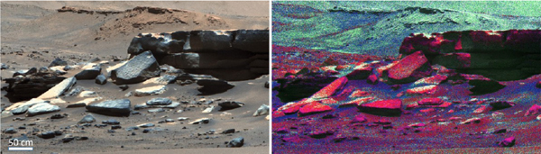 These are enhanced-color images of a rocky outcrop, taken by the Mastcam-Z imager aboard NASA's Perseverance rover.