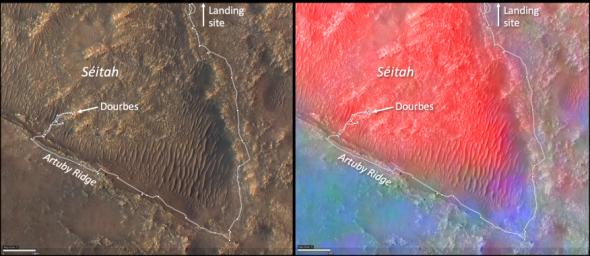 These annotated images show two views of the Séítah geologic unit of Mars' Jezero Crater.