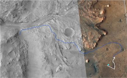 This annotated image from NASA's Mars Reconnaissance Orbiter (MRO) shows the journey NASA's Perseverance rover has taken and will take as it heads toward Jezero Crater's delta on Mars.