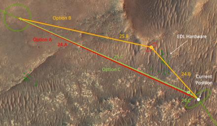 This annotated overhead image from the HiRISE camera aboard NASA's Mars Reconnaissance Orbiter (MRO) depicts three options for the agency's Mars Ingenuity Helicopter to take on flights out of the Séítah region.