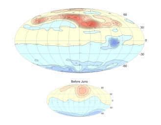 This projection of the radial magnetic field of Jupiter (top) uses a new magnetic field model based on data from Juno's orbits during its prime mission.