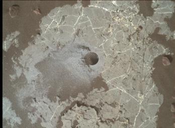 This image shows the Highfield drill hole made by NASA's Mars Curiosity rover as it was collecting a sample on Vera Rubin Ridge in Gale Crater.