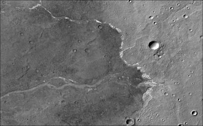 NASA's Mars Reconnaissance Orbiter used its Context Camera to capture this image of Bosporos Planum, a location on Mars. The white specks are salt deposits found within a dry channel.