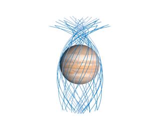 This diagram indicates the paths that NASA's Juno spacecraft took relative to Jupiter as the spacecraft repeatedly passed close by the giant planet over the course of five years.