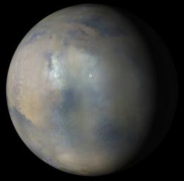 Images acquired January 9, 2022, from the Mars Color Imager instrument on NASA's Mars Reconnaissance Orbiter were combined to create this view showing a regional dust storm obscuring the location of Perseverance rover and Ingenuity Mars Helicopter.