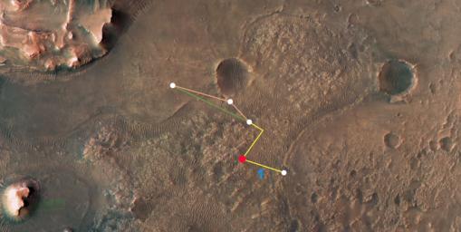 This annotated image depicts the multiple flights – and two different routes – NASA's Ingenuity Mars Helicopter could take on its trip to Jezero Crater's delta.