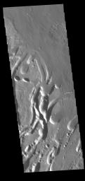 This image from NASA's Mars Odyssey shows part of the southern flank of Arsia Mons, along the center of the aligned fracture system.
