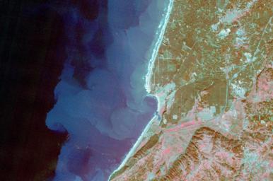 NASA's Terra spacecraft shows the village of Nazare, Portugal. Sediment highlights off-shore current patterns in the image. The image was acquired November 24, 2009.