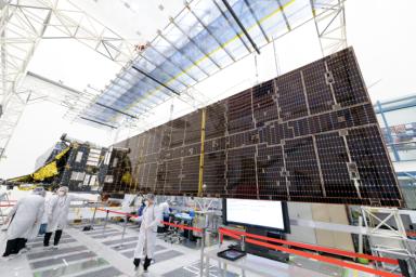 The first of two solar arrays on NASA's Psyche spacecraft is successfully deployed in JPL's storied High Bay 2 clean room. The twin arrays will power the spacecraft and its science instruments during a mission to the asteroid belt.