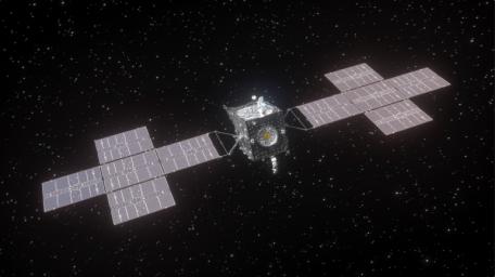 This artist's concept depicts NASA's Psyche spacecraft with its large solar arrays fully deployed and one of its four Hall-effect thrusters firing (visible via its blue glow) atop the spacecraft's body.