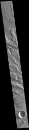 This image from NASA's Mars Odyssey shows part of the flank of Tyrrhenus Mons. Tyrrhenus Mons is one of the oldest martian volcanoes.