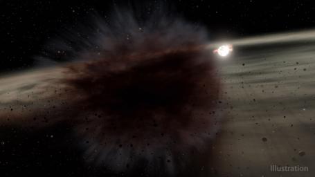 This illustration depicts the result of a collision between two large asteroid-sized bodies. NASA's Spitzer saw a debris cloud block the star HD 166191, giving scientists details about the smashup that occurred.
