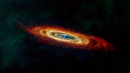 The Andromeda galaxy, or M31, is shown here in far-infrared and radio wavelengths of light.
