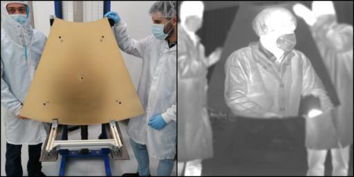 The gold-colored ASTHROS mirror panels appear blurry to the naked eye, as seen at left. But when photographed with an infrared camera, as at right, the panel reflects a technician's image as clearly as if the person were looking in a mirror.