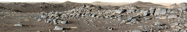 NASA's Perseverance Mars rover looks out at an expanse of boulders on the landscape in front of a location nicknamed Santa Cruz on Feb. 16, 2022, in this panorama made of 24 images taken by the rover's Mastcam-Z.