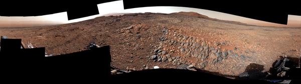 NASA's Curiosity Mars rover used its Mast Camera, or Mastcam, to take this 360-degree panorama on March 23, 2022. The team has informally described the wind-sharpened rocks seen here as gator-back rocks because of their scaly appearance.