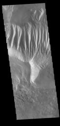 This image from NASA's Mars Odyssey shows part of the large hill near the eastern edge of Candor Chasma.