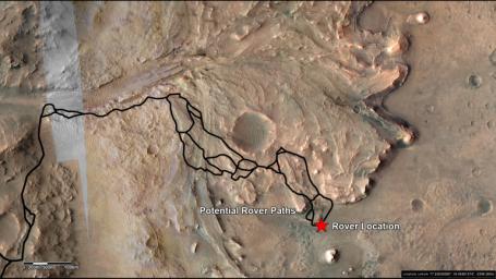 This annotated image highlights potential routes that NASA's Perseverance team is considering in September 2022 for the rover to drive.