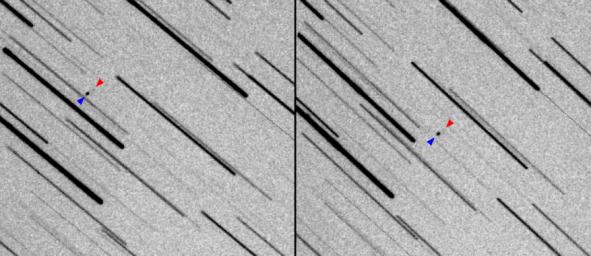 These images show two observations of NASA's Lunar Flashlight and the private ispace HAKUTO-R Mission 1 as the two spacecraft, seen as a pair of dots, journey to the Moon.