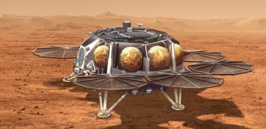 This illustration shows a concept for a proposed NASA Sample Retrieval Lander that would carry a small rocket called the Mars Ascent Vehicle to the Martian surface.
