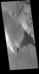 This image from NASA's Mars Odyssey shows the northern margin of Olympus Mons, the largest Martian volcano.