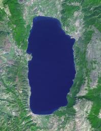 NASA's Terra spacecraft shows Lake Ohrid straddling the border between North Macedonia and Albania.