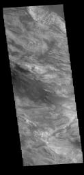 This image from NASA's Mars Odyssey shows part of Ceti Mensa. This mesa feature is located in western Candor Chasma and is composed of layered deposits and sand dunes.