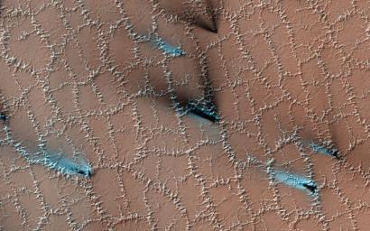 This image acquired on March 30, 2022 by NASA's Mars Reconnaissance Orbiter shows how water ice frozen in the soil splits the ground into polygons.