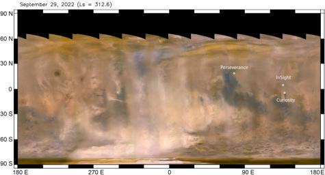 The beige clouds seen in this global map of Mars are a continent-size dust storm captured on Sept. 29, 2022, by the Mars Color Imager camera aboard NASA's Mars Reconnaissance Orbiter.