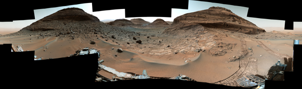NASA's Curiosity Mars rover used its Mast Camera, or Mastcam, to capture this panorama while driving toward the center of this scene, an area that forms the narrow Paraitepuy Pass on Aug. 14, 2022.
