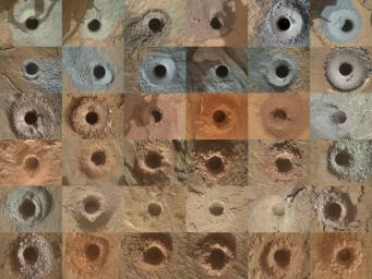 This grid shows all 36 holes drilled by NASA's Curiosity Mars rover using the drill on the end of its robotic arm. The images in the grid were captured by the Mars Hand Lens Imager (MAHLI) on the end of Curiosity's arm.