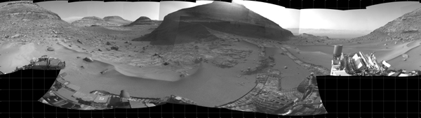 NASA's Curiosity Mars rover used its navigation cameras, or Navcams, to capture this panorama while driving through the narrow Paraitepuy Pass on Aug. 11, 2022, the 3,560th Martian day, or sol, of the mission.