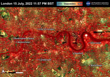 NASA's Ecosystem Spaceborne Thermal Radiometer Experiment on Space Station (ECOSTRESS) instrument recorded this image of ground surface temperatures in London and surrounding areas on July 15, 2022.