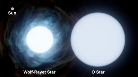 This graphic shows the relative size of the Sun, upper left, compared to the two stars in the system known as Wolf-Rayet 140. The O-type star is roughly 30 times the mass of the Sun, while its companion is about 10 times the mass of the Sun.