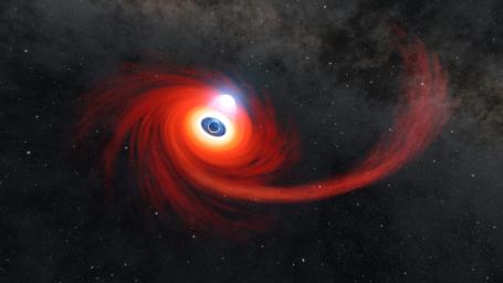 A disk of hot gas swirls around a black hole in this illustration. The stream of gas is what remains of a star that was pulled apart by the black hole. A cloud of hot plasma above the black hole is known as a corona.